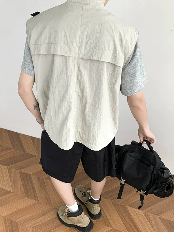 Áo vest đa năng ngoài trời dành cho nam, phong cách retro Nhật Bản mùa hè với túi lớn, áo khoác công sở không tay cổ đứng thời thượng.