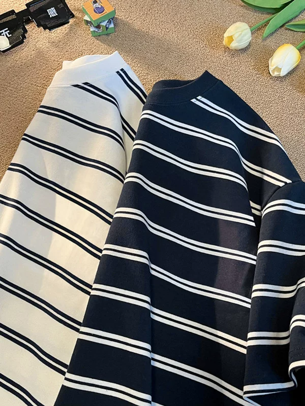 Áo thun nam tay ngắn sọc cotton nguyên chất, phong cách Nhật Bản và Hồng Kông mùa hè, dáng rộng, thương hiệu thời thượng, đa năng, áo đôi học sinh.
