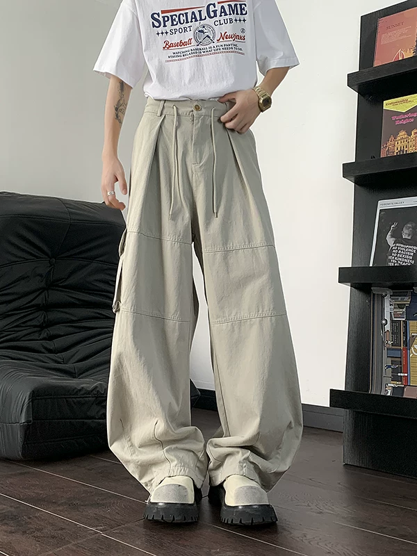 Quần cargo túi lớn phong cách retro Mỹ dành cho nam, quần jean ống rộng dáng thẳng thương hiệu thời thượng, quần dài đến sàn lưng thun co giãn đa năng mùa hè.
