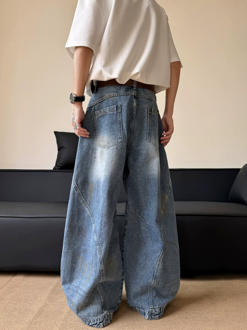 Quần jeans kiểu dáng dirty dye cao cấp dành cho nam và nữ, quần ống rộng kiểu Mỹ bền chắc, quần dài chạm đất phong cách retro thời thượng.