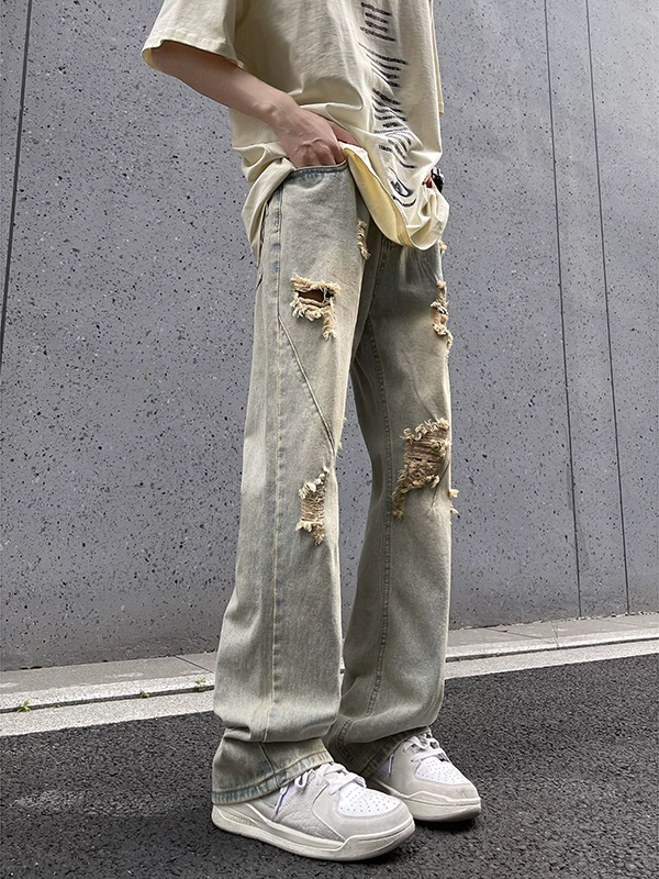Quần jean nam màu vàng bùn, phong cách đường phố Mỹ, quần rách, dáng rộng mùa hè, thương hiệu thời thượng, quần dài hơi loe.