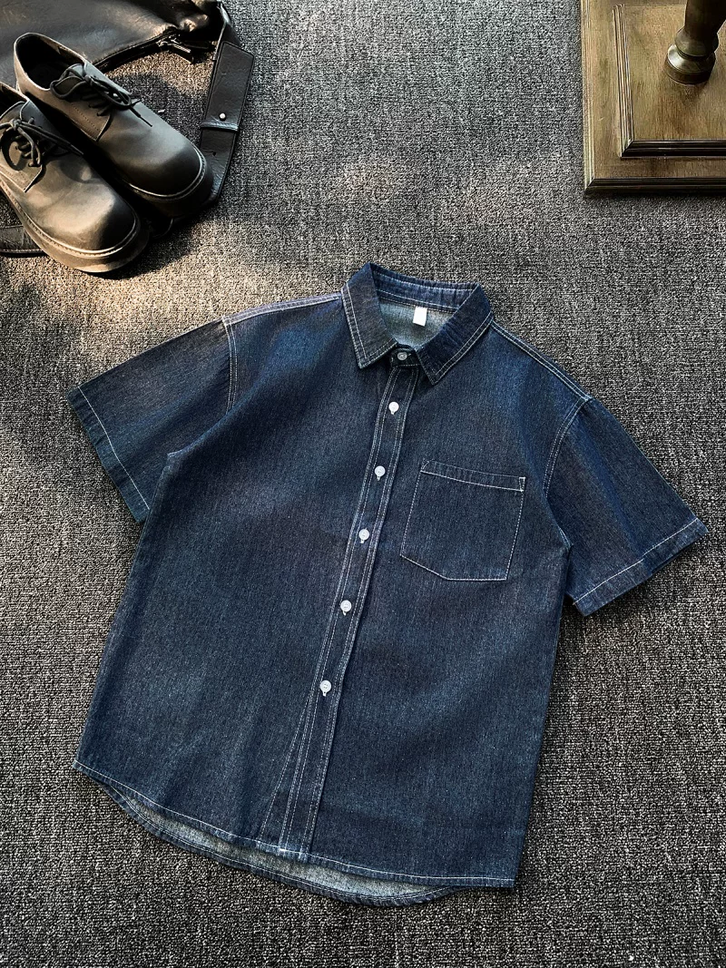 Áo sơ mi denim ngắn tay phong cách retro của Mỹ dành cho nam, áo công sở dáng rộng thoải mái mùa hè, áo khoác sơ mi thương hiệu thời thượng sành điệu
