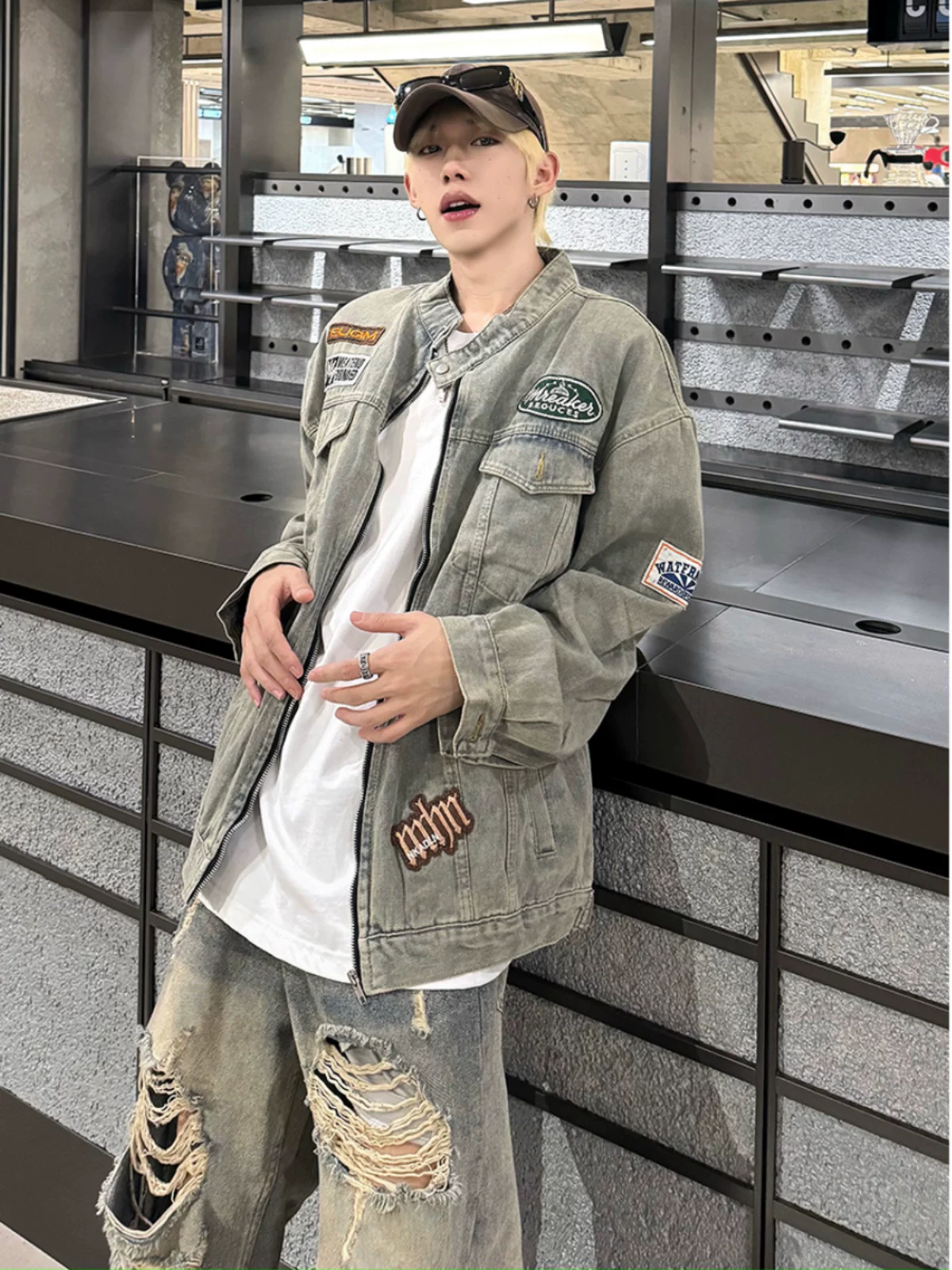 Áo khoác denim thêu họa tiết cổ điển kiểu Mỹ, áo khoác nam thời thượng mùa xuân thu, áo khoác cổ đứng dáng rộng cleanfit.