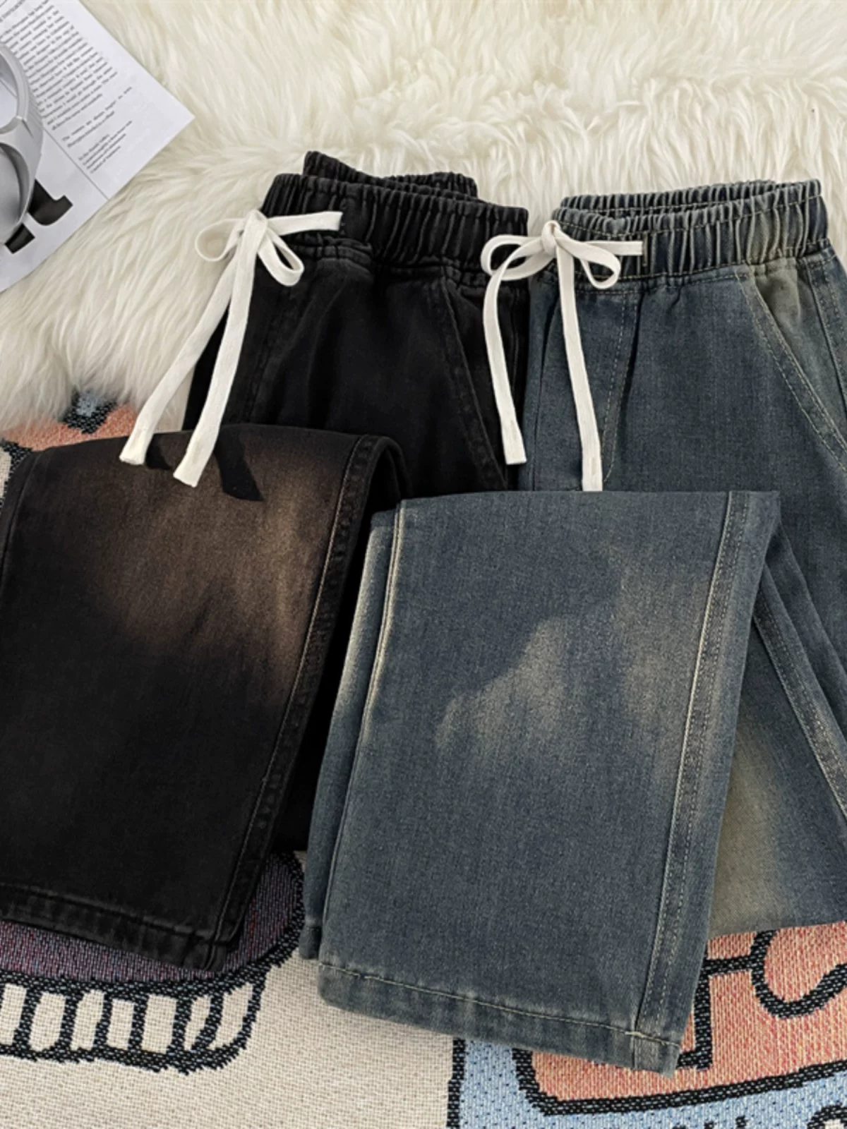 Quần jean denim kiểu Mỹ dành cho nam, thương hiệu thời thượng, quần lưng thun dây rút mùa thu đông, quần dài ống rộng thoải mái.