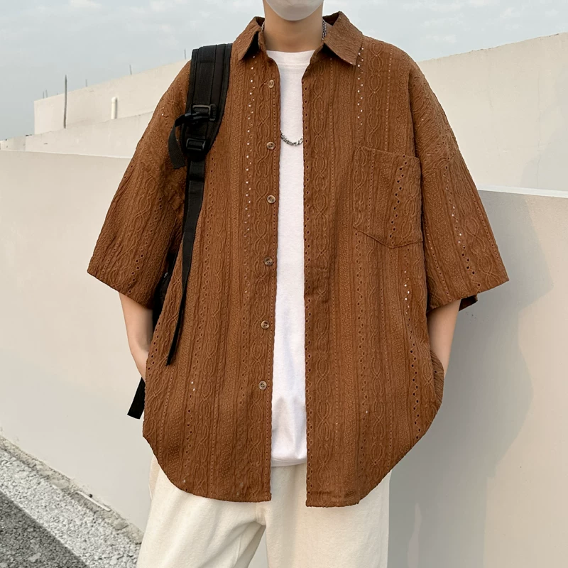 Áo sơ mi ngắn tay khoét lỗ Jacquard dành cho nam, áo kiểu dáng thời trang mùa hè, áo sơ mi dáng rộng phong cách retro Nhật Bản.