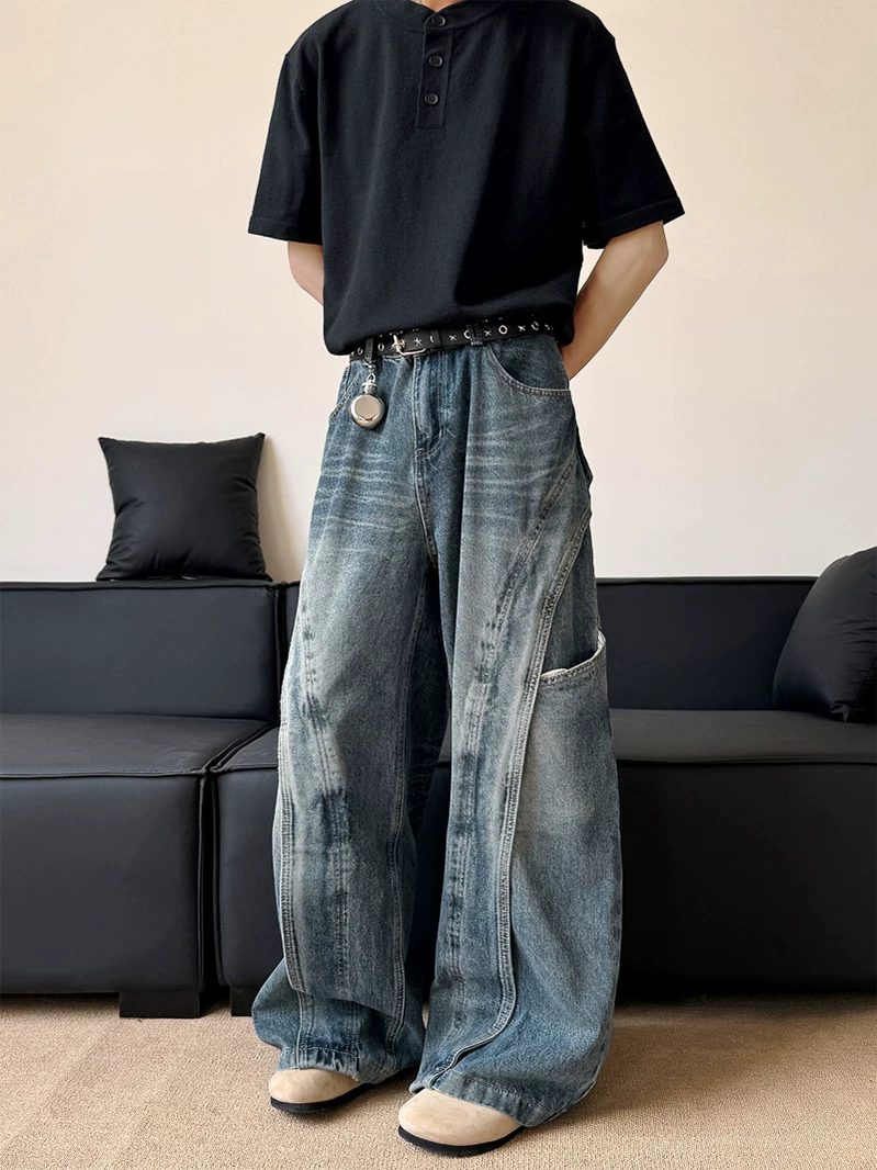 Quần jean nam kiểu dáng thiết kế thời trang, quần ống đứng phối vải phong cách Mỹ, quần ống rộng retro phong cách đường phố.