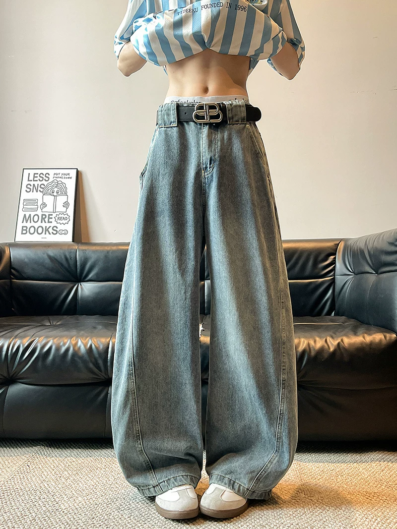 Quần jeans dáng rộng thùng thình kiểu scimitar dành cho nam, phong cách vintage Mỹ thời thượng mùa xuân thu, quần ống rộng dài chạm đất.