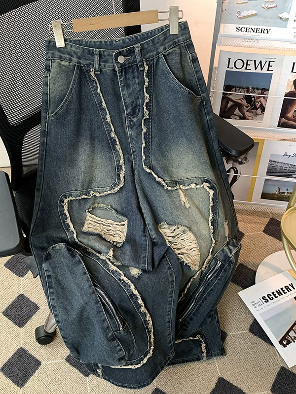 Quần jean rách nam cao cấp, quần công sở thiết kế phá cách phong cách Mỹ mùa hè, quần ống rộng dáng thẳng túi lớn thời thượng.