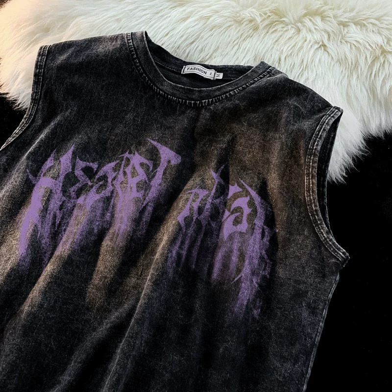 Áo thun nam không tay kiểu Mỹ, chất liệu vintage, dáng rộng, phong cách thể thao mùa hè, áo ba lỗ thời trang đường phố cá tính.