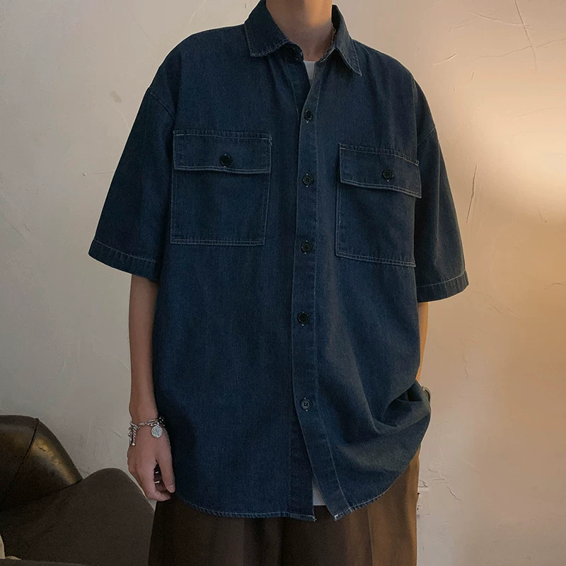 Áo sơ mi denim phong cách retro Nhật Bản dành cho nam, áo sơ mi công sở ngắn tay thương hiệu BF hợp thời trang mùa hè, áo khoác nửa tay rộng rãi thoải mái.