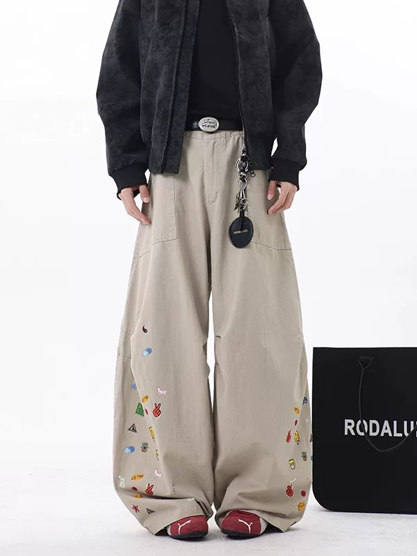 Quần jean in hình dán cho nam, quần ống rộng mùa thu, quần dài ống đứng phong cách Mỹ thời thượng, quần dài ống đứng phong cách Mỹ.