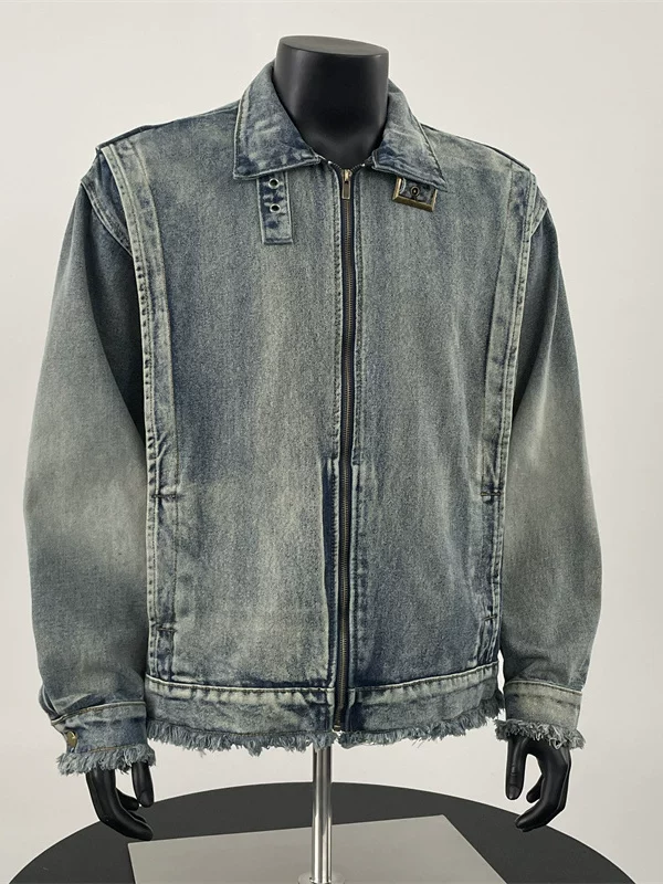 Áo khoác denim rách cá tính dành cho nam, áo khoác phong cách đường phố Mỹ, áo khoác thương hiệu thời thượng dáng rộng cổ đứng dành cho mùa xuân và mùa thu.