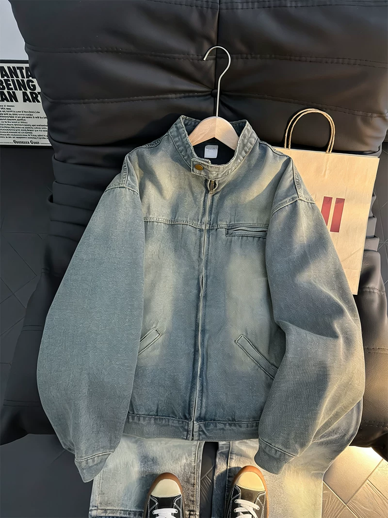 Áo khoác denim kiểu Mỹ cổ điển dành cho nam, áo khoác cổ đứng có khóa kéo dáng rộng, áo khoác cao cấp thời thượng mùa xuân thu.