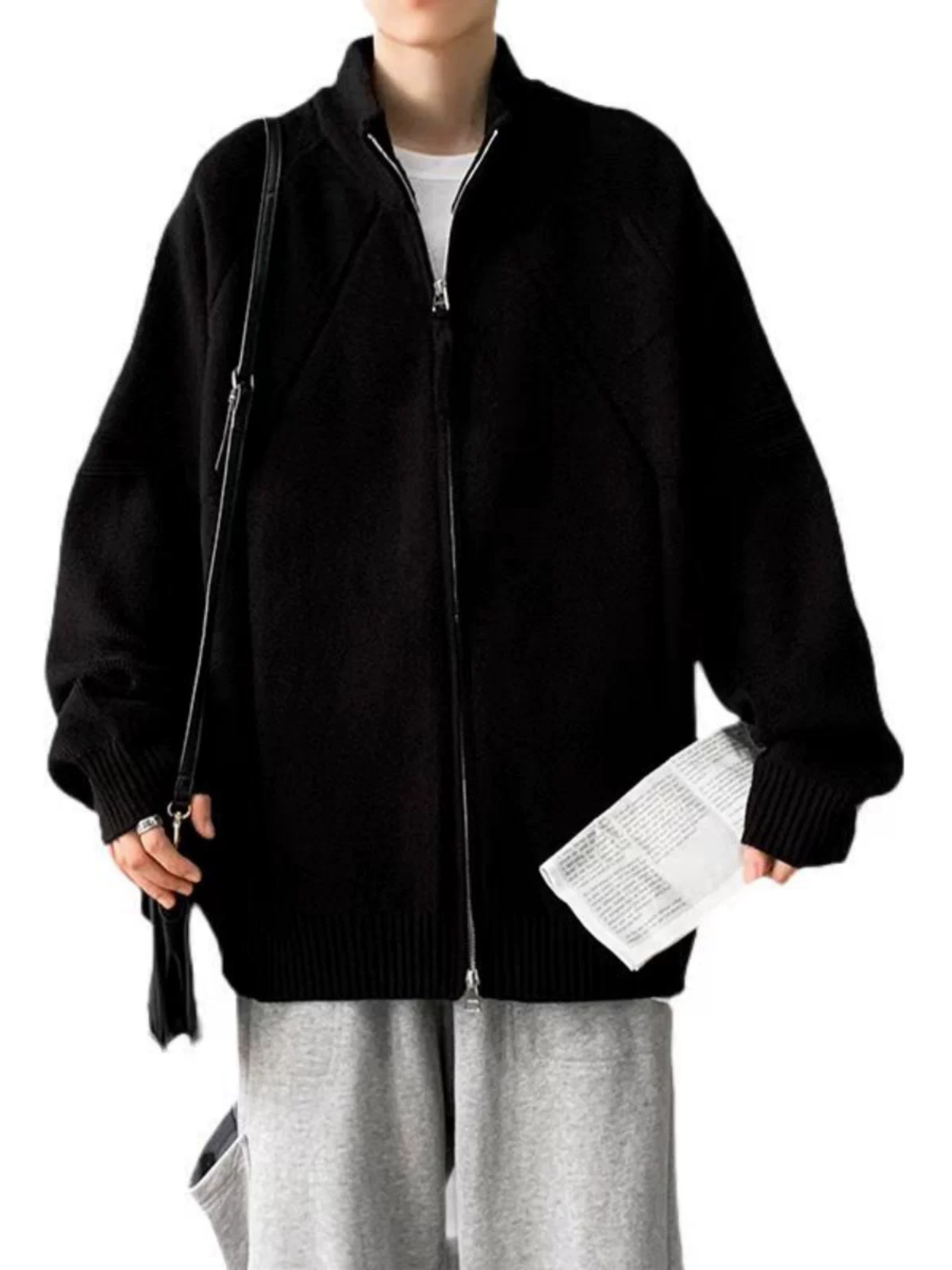 Áo len cardigan nam có khóa kéo đôi, dáng rộng, cổ đứng, kiểu dáng thoải mái, áo khoác dệt kim phong cách Mỹ thời thượng mùa xuân thu.
