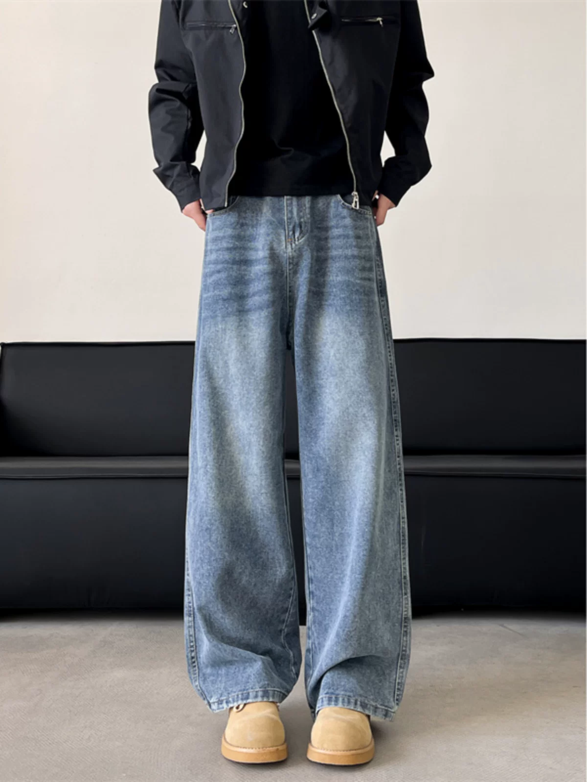 Quần jeans nam vintage đã qua xử lý, dành cho mùa thu đông, phong cách retro Mỹ, thương hiệu thời thượng, quần dài ống rộng thoải mái.