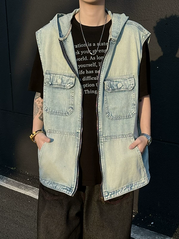 Áo vest denim không tay phong cách cổ điển Nhật Bản dành cho nam, áo khoác có mũ trùm đầu kiểu công sở hợp thời trang, áo khoác vest phá cách phong cách Mỹ mùa hè.