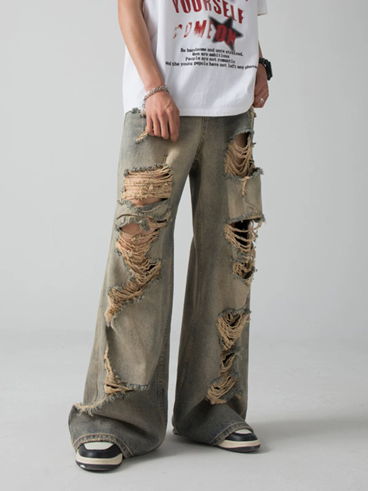 Quần jeans rách phong cách hip-hop dành cho nam, kiểu Mỹ thời thượng, quần phong cách wasteland, quần ống rộng dài chạm đất mùa hè.