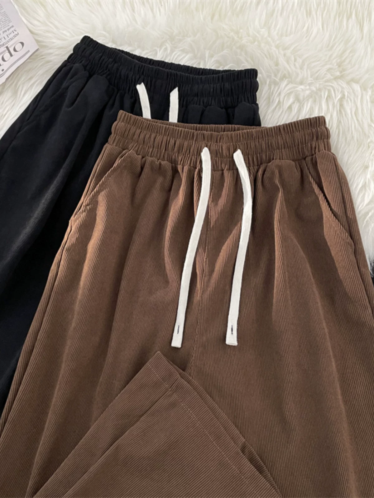 Quần nhung kẻ sọc nam có hiệu ứng xếp ly, quần thể thao ống rộng dáng thẳng, thời trang thu đông, có dây rút, đa năng, dành cho cặp đôi.