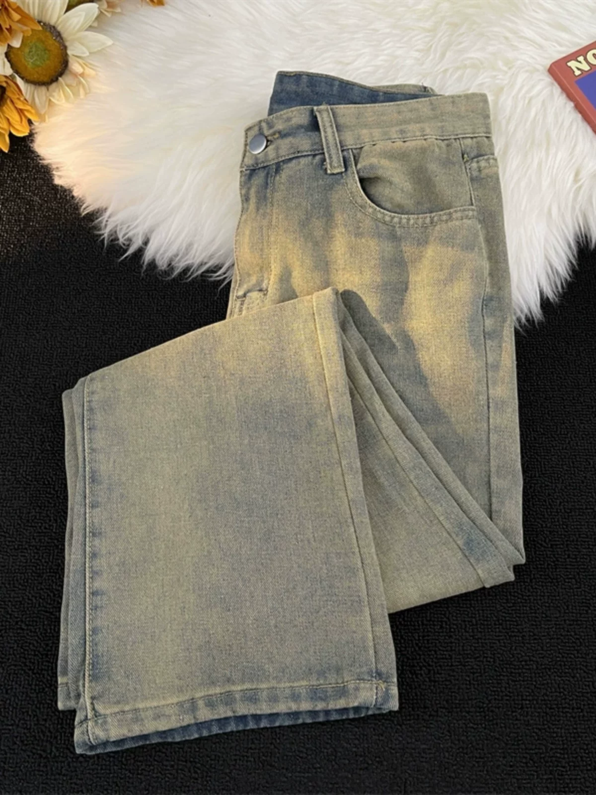 Quần jeans thiết kế phong cách INS mùa xuân dành cho nam, quần ống loe retro Mỹ, quần dài ống rộng vintage thời thượng.