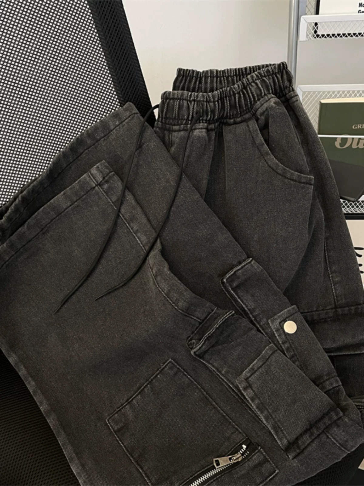 Quần jean nam nhiều túi đa năng, phong cách Mỹ mùa thu đông, quần công sở thời thượng, quần dài ống rộng thoải mái.