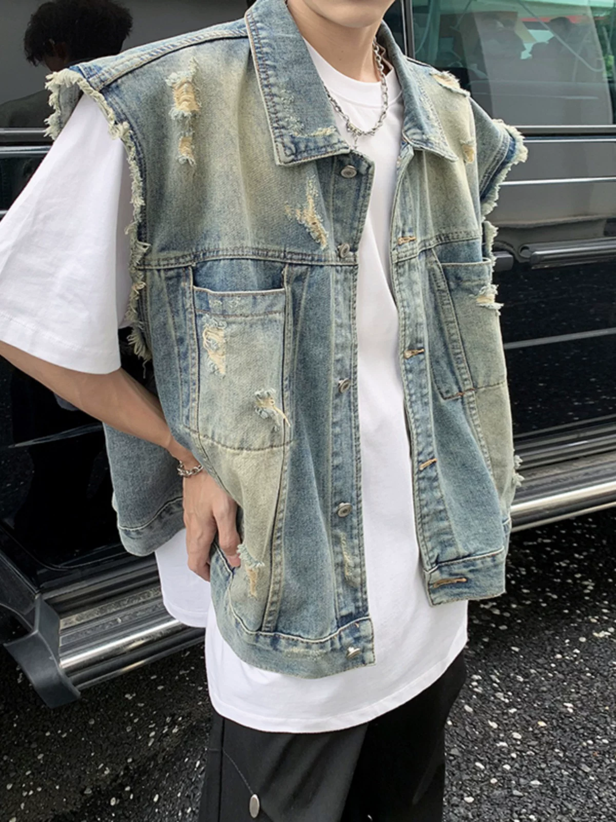 Áo vest denim nam đã qua xử lý làm cũ, phong cách retro Mỹ, áo vest công sở, kiểu dáng rộng rãi hợp thời trang, áo khoác không tay cá tính.