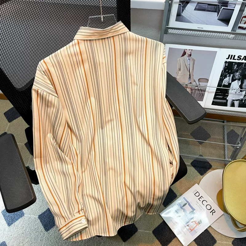 Áo sơ mi nam sọc dọc tay dài, phong cách Hồng Kông retro, áo kiểu Hàn Quốc thời trang xuân thu, dáng rộng lịch lãm.