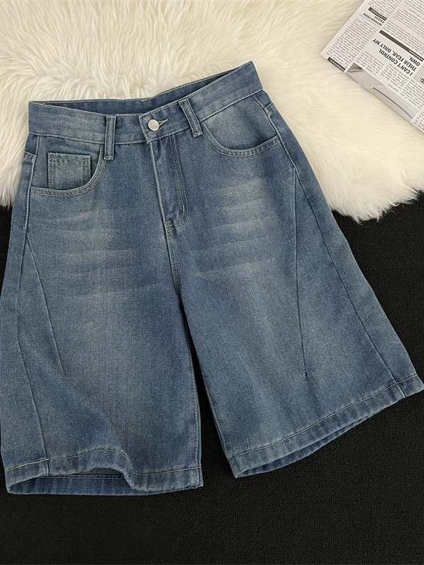 Quần short denim ống đứng đã qua giặt cho nam, quần năm phần dáng rộng hợp thời trang mùa hè, quần dài vừa phải phong cách retro Nhật Bản đơn giản giản dị.