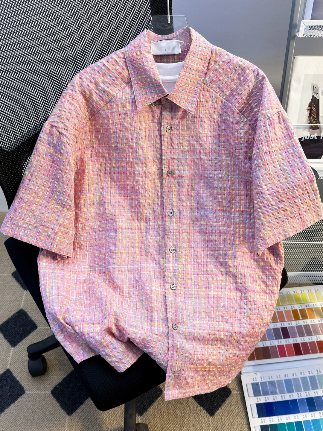 Áo sơ mi ngắn tay kẻ sọc Seersucker dành cho nam, áo sơ mi nửa tay dáng rộng hợp thời trang mùa hè, áo sơ mi cặp đôi kiểu Mỹ