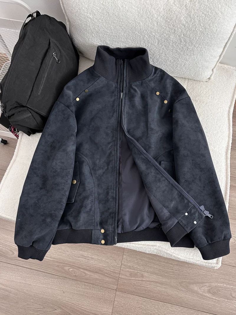 Áo khoác cổ đứng phong cách retro của Mỹ dành cho nam, thương hiệu thời thượng mùa xuân, áo khoác công sở cá tính, dáng rộng rãi với thiết kế khóa kéo đôi.