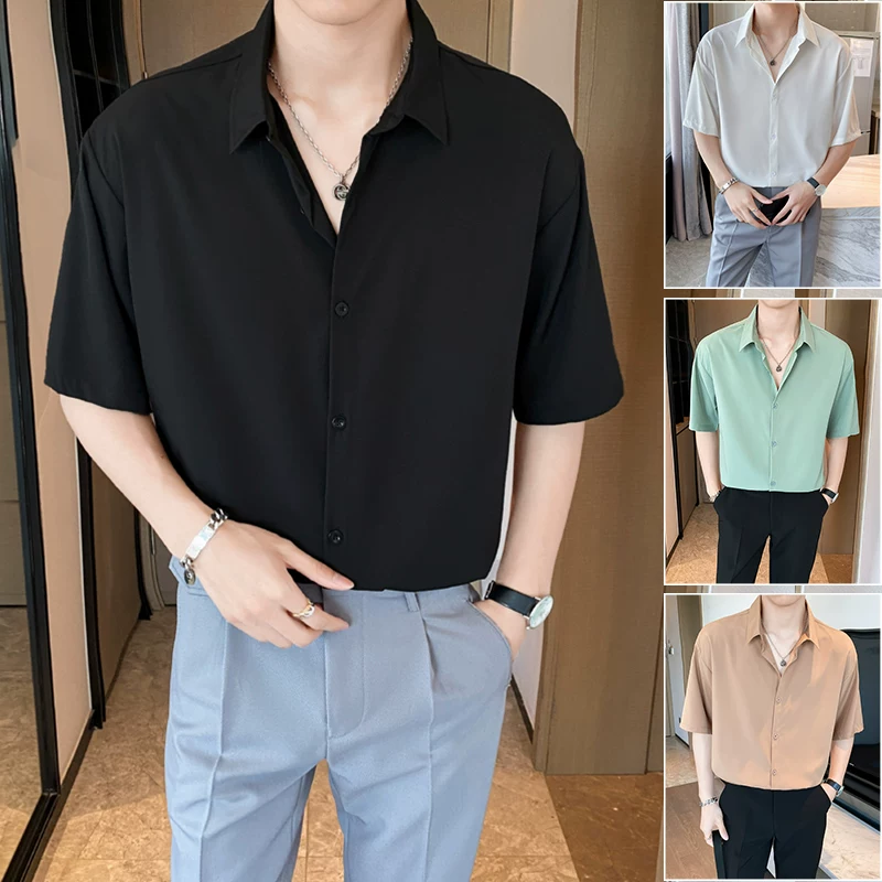 Áo sơ mi ngắn tay mỏng mùa hè phong cách Nhật Bản Áo sơ mi ngắn tay lụa băng nam phiên bản Hàn Quốc áo kiểu dáng rủ mát mẻ hợp thời trang