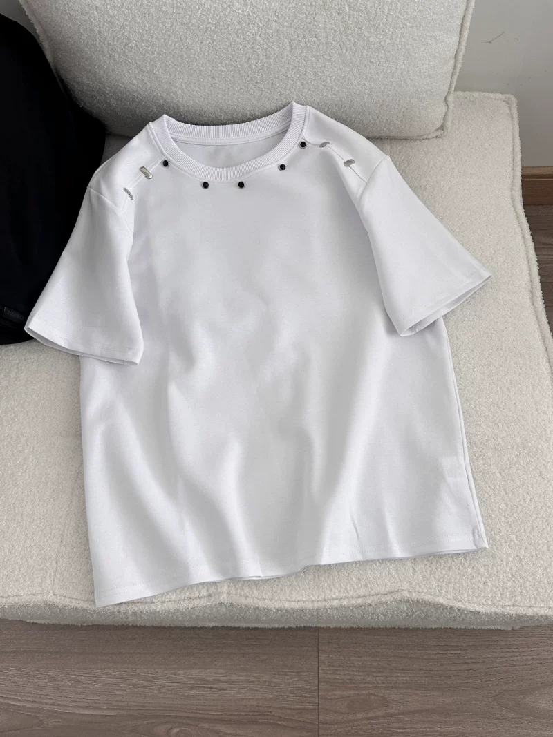 Áo thun ngắn tay thiết kế đính hạt kiểu Mỹ dành cho nam và nữ, áo cổ tròn dáng rộng thương hiệu thời thượng, áo thun chắp vá phá cách mùa hè.