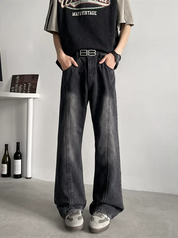 Quần jeans nam mùa xuân thu, kiểu dáng cleanfit, giặt mài vintage, thời trang phong cách Mỹ, dáng rộng ống đứng, ống loe dài.