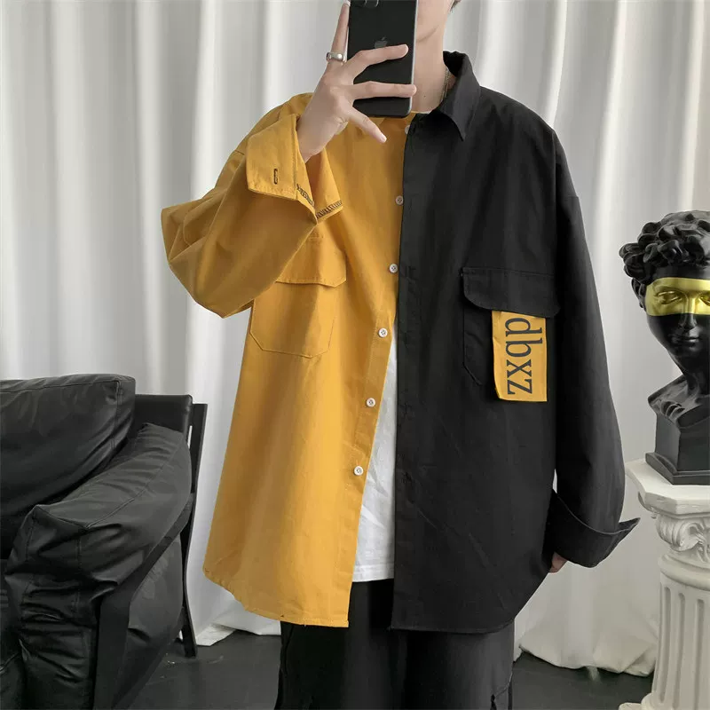 Áo sơ mi nam dài tay, phong cách Hồng Kông thời thượng, phối màu, dáng rộng, áo khoác thường ngày xuân/hè.