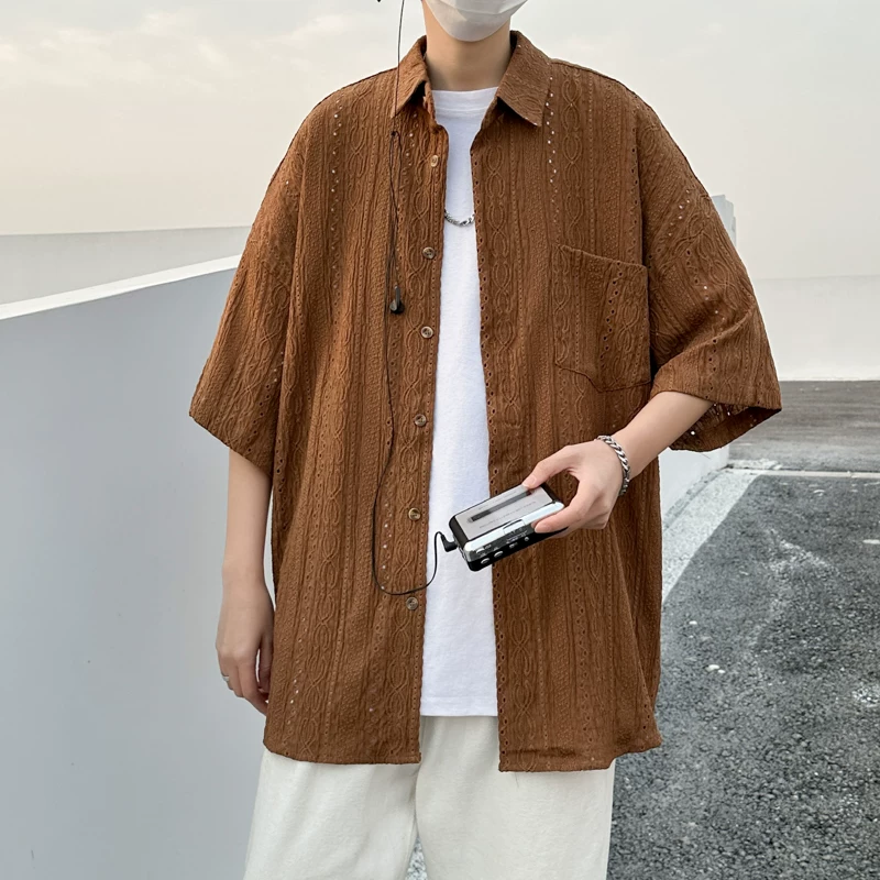 Áo sơ mi ngắn tay khoét lỗ Jacquard dành cho nam, áo kiểu dáng thời trang mùa hè, áo sơ mi dáng rộng phong cách retro Nhật Bản.