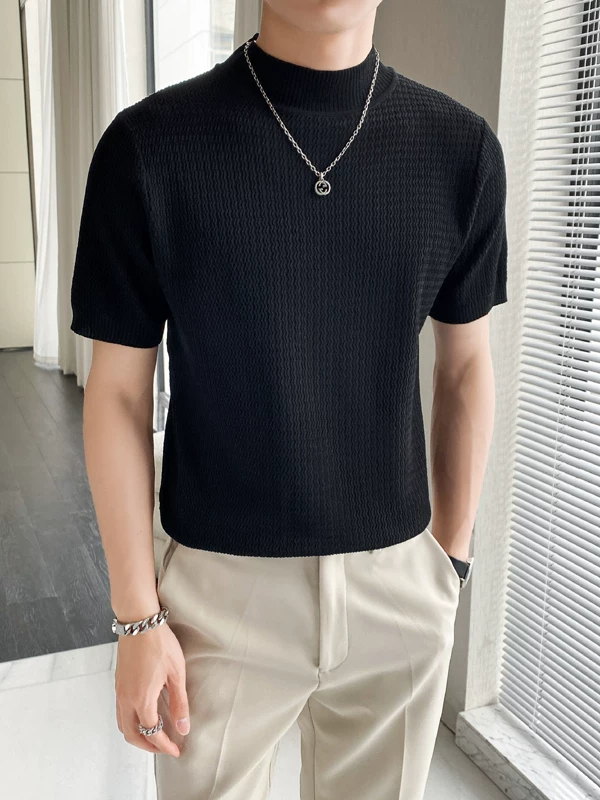 Áo thun ngắn tay lụa băng cao cấp, phong cách Hàn Quốc mùa hè, áo dệt kim nửa tay mát mẻ và sành điệu, áo thun cổ cao nửa cổ thời thượng BF dành cho nam.