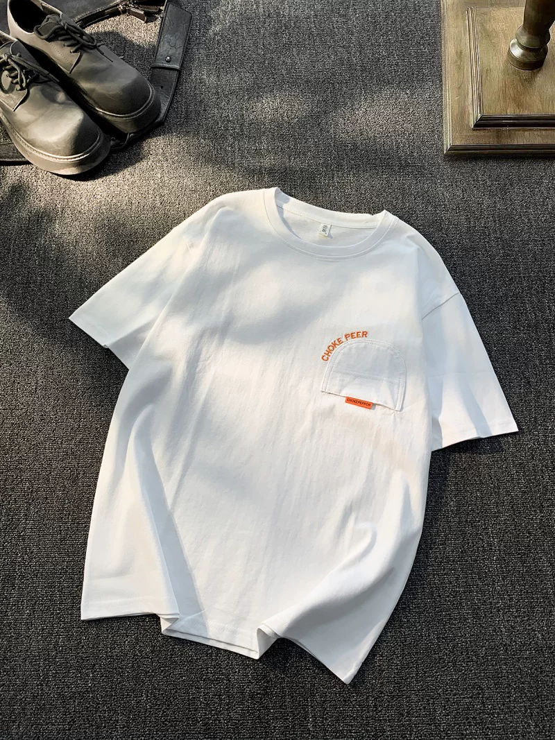 Áo thun nam tay ngắn thêu chữ kiểu Mỹ, chất liệu cotton nguyên chất, phong cách casual mùa hè, thương hiệu thời thượng, dáng rộng, cảm giác cao cấp.