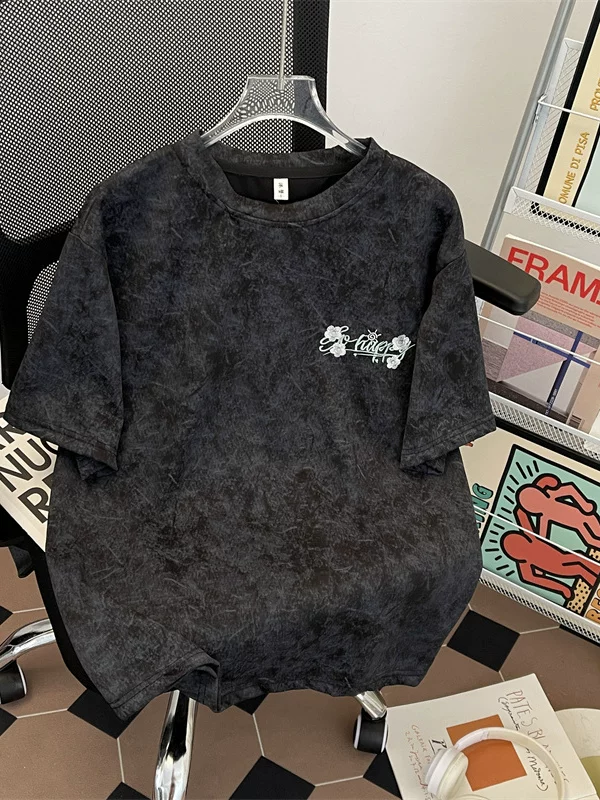 Áo thun ngắn tay thêu họa tiết tie-dye dành cho nam, phong cách Hồng Kông mùa hè, thương hiệu thời thượng, dáng rộng, thoải mái, áo thun cặp đôi kiểu Mỹ retro