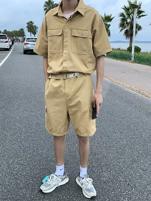 Bộ đồ bảo hộ lao động nam mùa hè thường ngày tay ngắn phong cách Hồng Kông Nhật Bản dáng rộng hợp thời trang thương hiệu quần năm điểm cá tính