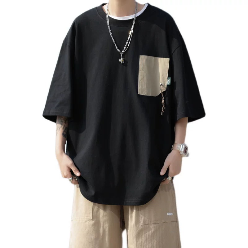 Áo thun ngắn tay chắp vá kiểu Nhật dành cho nam, phong cách mùa hè, dáng rộng đơn giản, áo kiểu giản dị hợp thời trang đa năng dành cho học sinh.