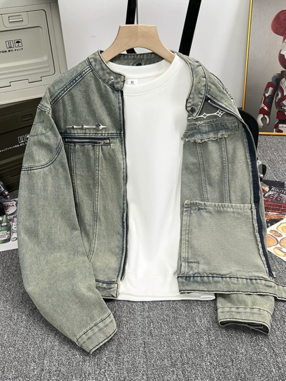 Áo khoác denim rách có đệm vai dành cho nam, mùa xuân thu, áo kiểu dáng rộng hợp thời trang, áo khoác công sở ngắn kiểu Mỹ cleanfit.