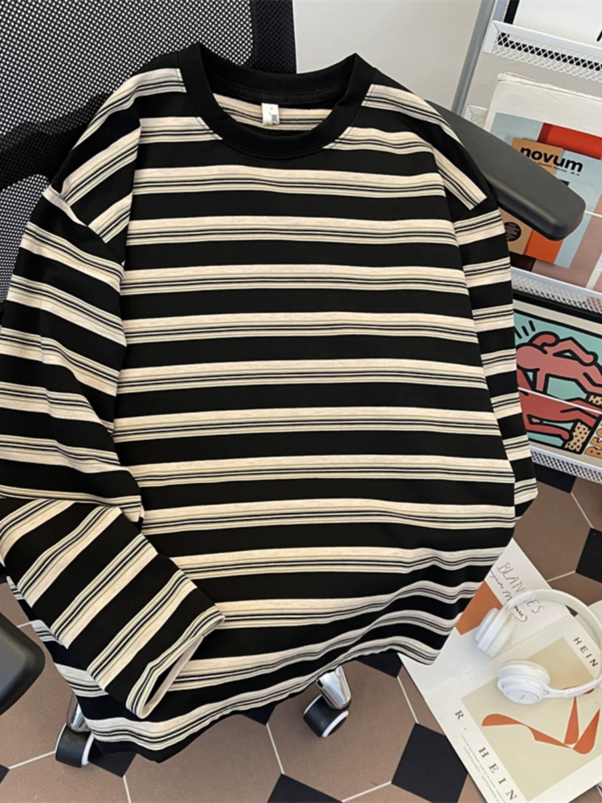 Áo thun sọc cổ điển của Mỹ dành cho nam dài tay mùa xuân thu phong cách mới áo nỉ cổ tròn dáng rộng thương hiệu hợp thời trang áo đôi cổ điển