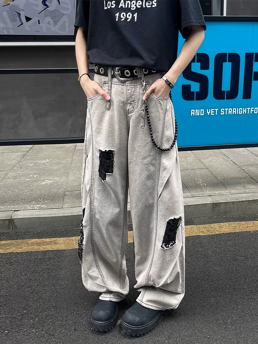 Quần jeans rách kiểu Mỹ dành cho nam, thương hiệu thời thượng, quần dài ống đứng, thiết kế cá tính, quần ống rộng với đường cắt độc đáo.