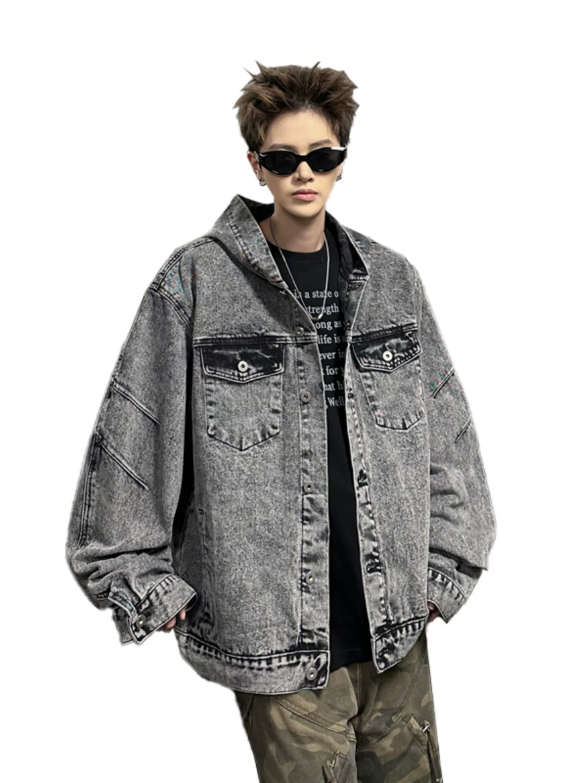 Áo khoác denim có mũ trùm đầu kiểu mới mùa xuân thu dành cho nam, dáng rộng, phong cách cổ điển, thương hiệu thời thượng, thiết kế kiểu Mỹ, áo khoác sành điệu và cá tính.