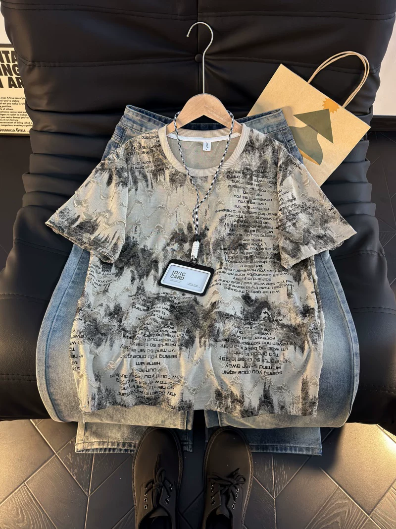 Áo thun nam tay ngắn in họa tiết tie-dye, kiểu dáng rộng rãi, phong cách Mỹ cổ điển, đa năng, hợp thời trang mùa hè.