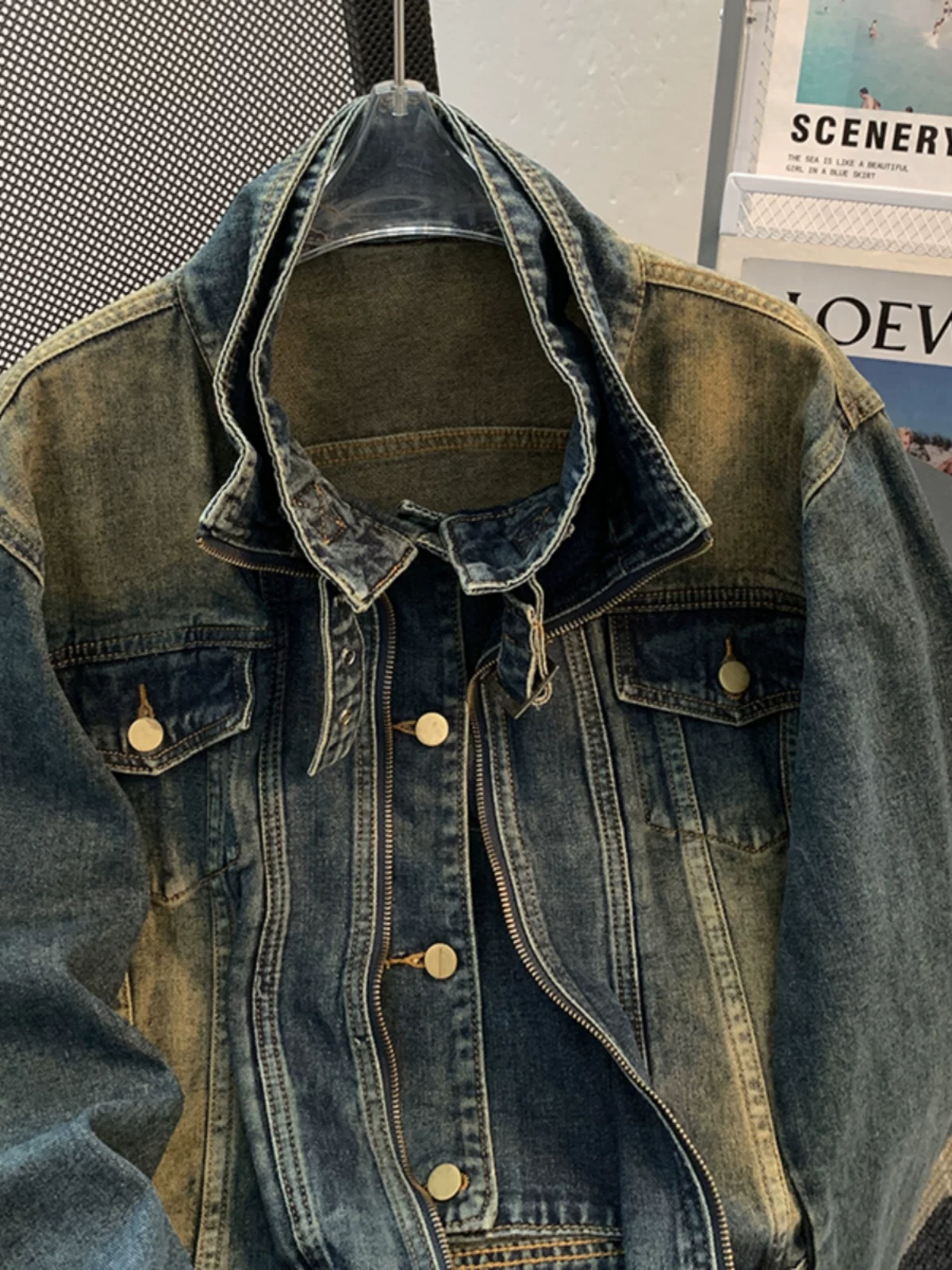 Áo khoác denim giả hai mảnh phong cách Mỹ dành cho nam, dáng rộng, cổ đứng, kiểu dáng cổ điển, áo khoác thường ngày hợp thời trang mùa xuân thu.
