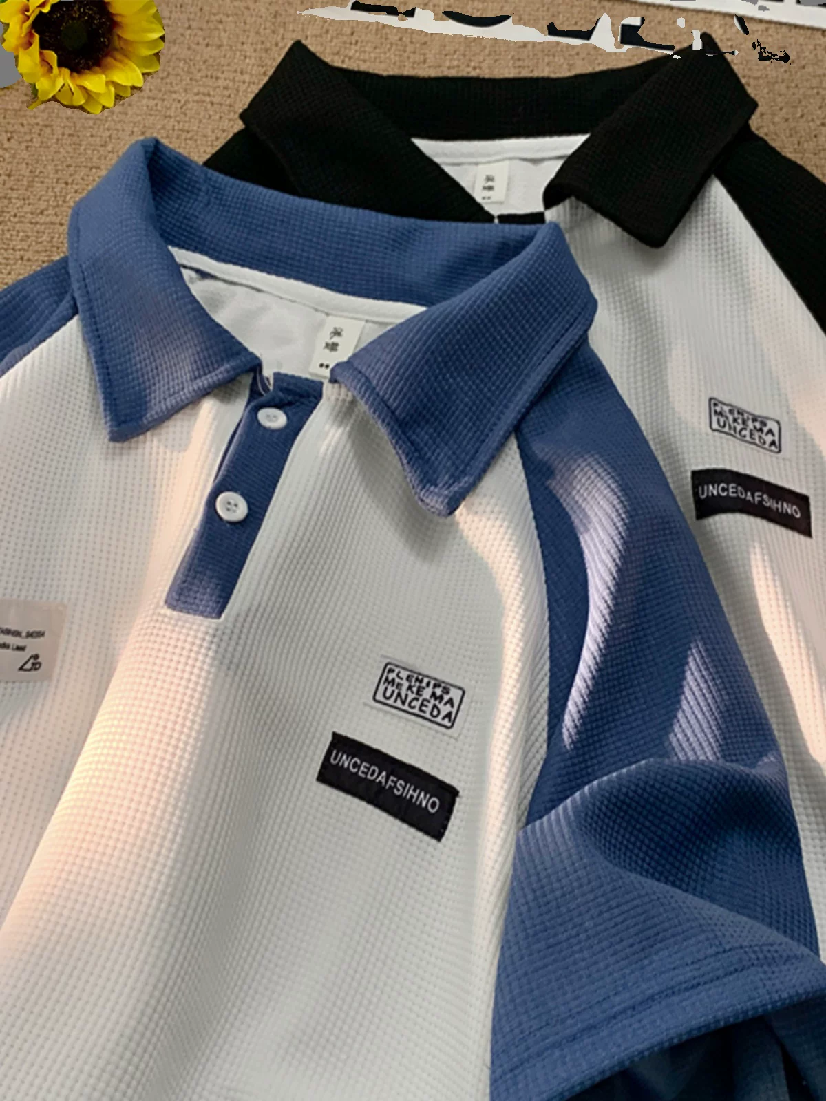 Áo polo tay raglan phối màu cho nam, áo thun ngắn tay vải waffle hợp thời trang mùa hè, áo đôi rộng rãi phong cách Mỹ Hồng Kông.