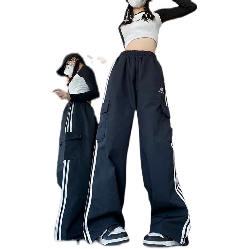 Quần cargo ống rộng sọc ngang phong cách Mỹ, quần đôi unisex thời trang đường phố, quần ống đứng dài chạm đất mùa hè, phong cách thường ngày