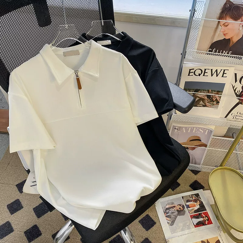 Áo polo nửa khóa kéo dành cho nam, phong cách Nhật Bản, cổ bẻ đơn giản, áo thun ngắn tay, trang phục nửa tay ngắn đa năng hợp thời trang mùa hè.