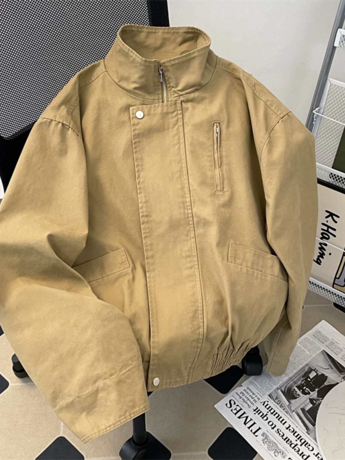 Áo khoác vải canvas kiểu Mỹ dành cho nam, mùa xuân thu, trang phục công sở cao cấp, kiểu dáng ngắn rộng, áo khoác Harrington thương hiệu thời thượng.