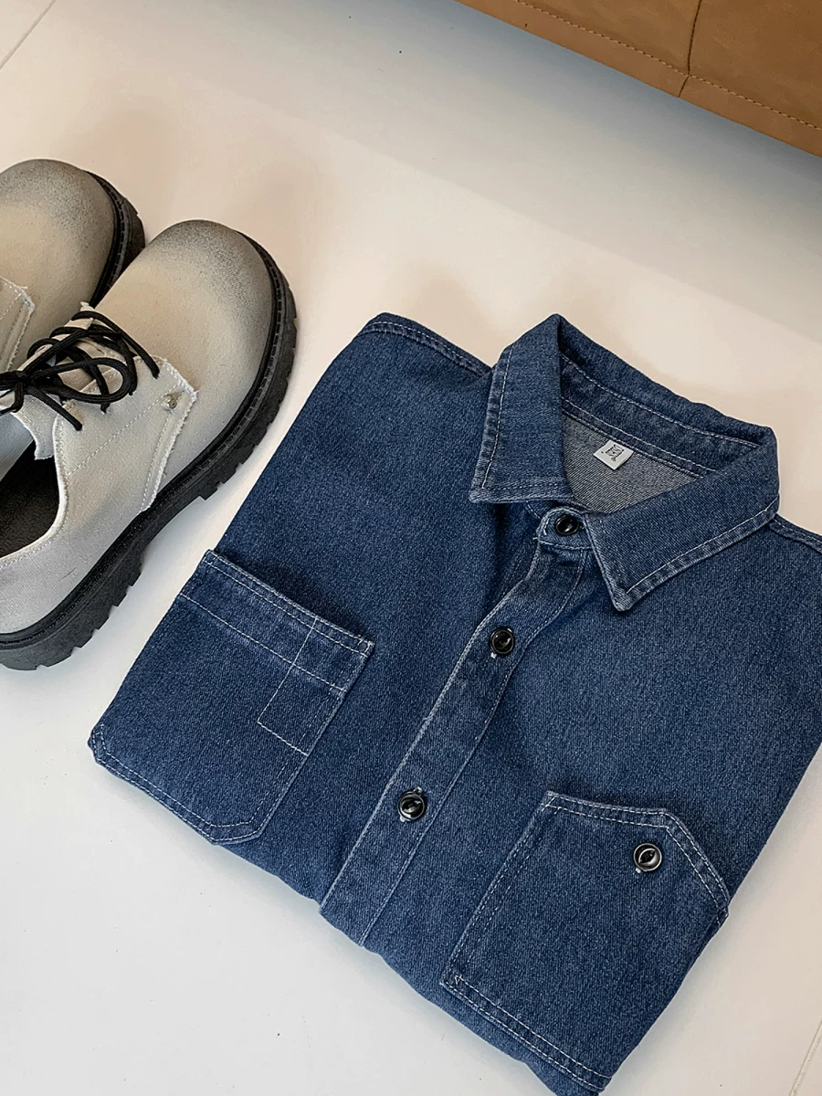 Áo sơ mi denim giặt kiểu Nhật dành cho nam, áo sơ mi ngắn tay retro rộng rãi hợp thời trang với thiết kế kiểu Mỹ, áo khoác dáng rộng thoải mái.